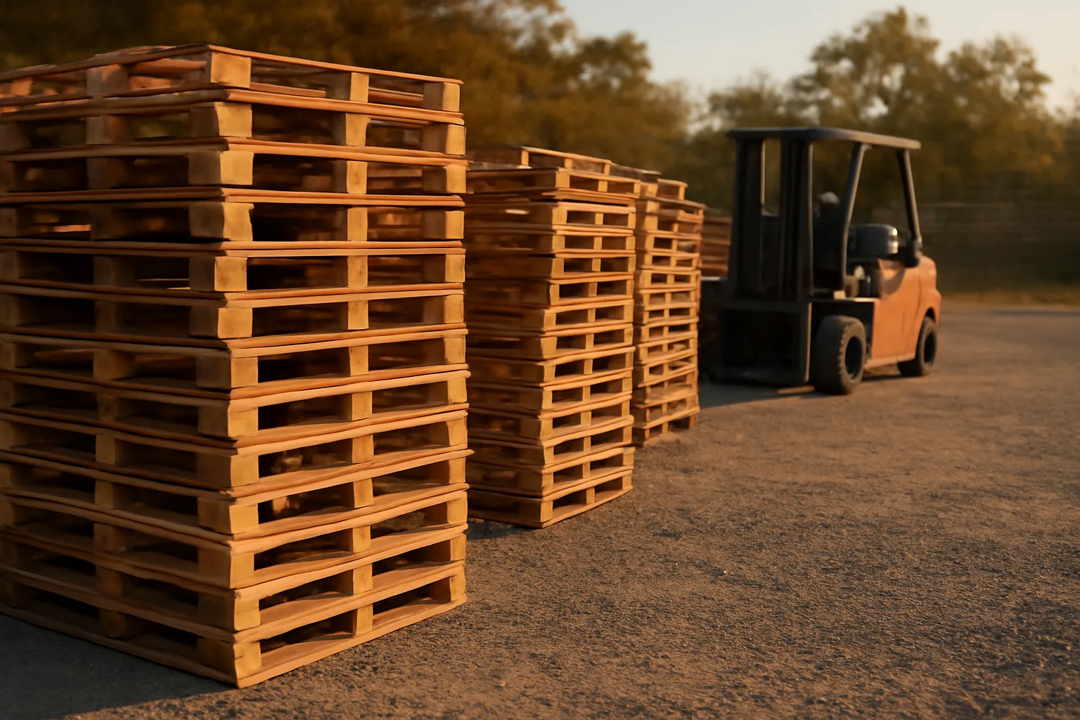 Stacked wooden pallets on a gravel pallet yard lot in Alabama afternoon light