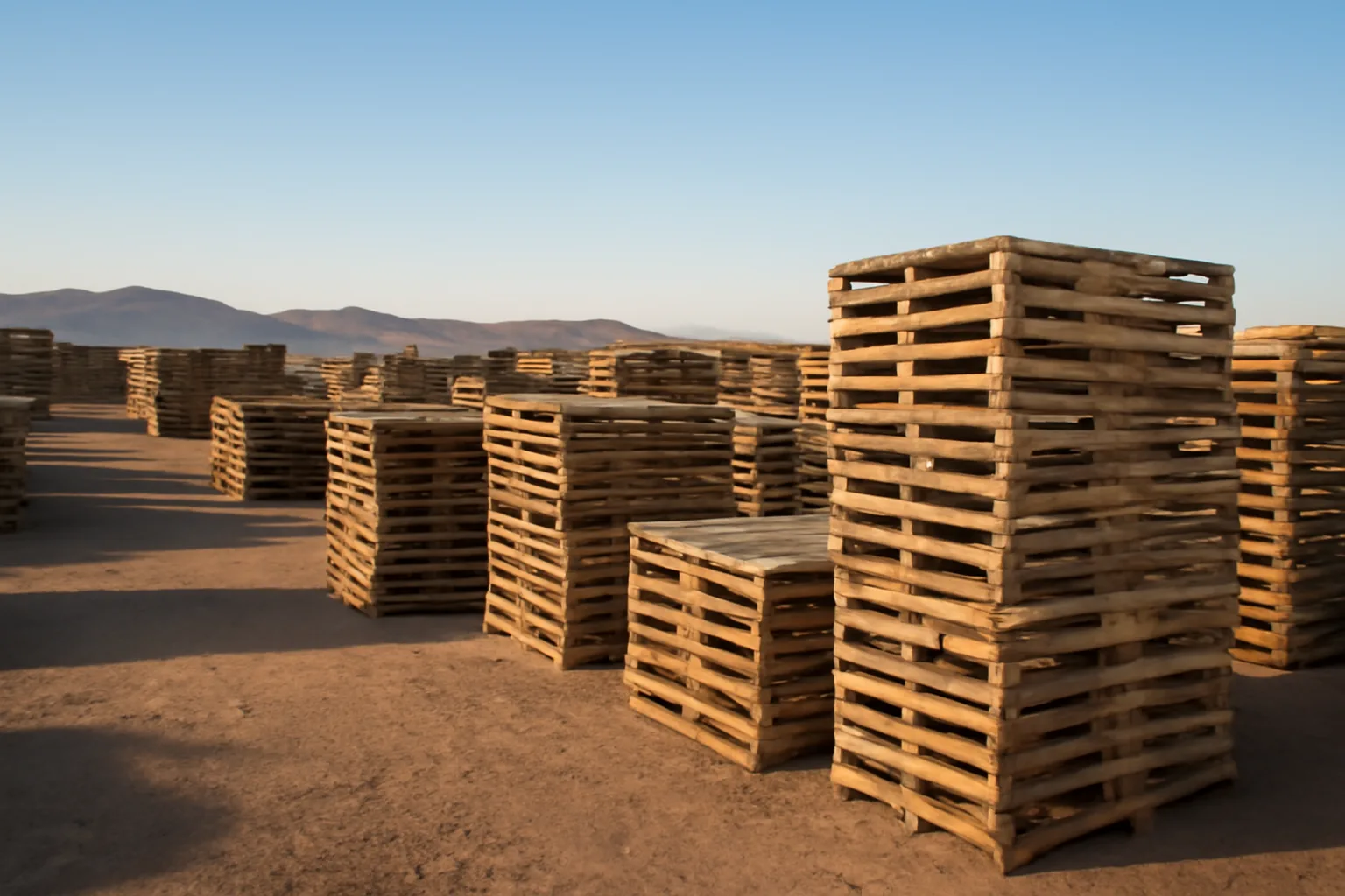 Rows of stacked wooden pallets in an outdoor Arizona pallet yard at dawn