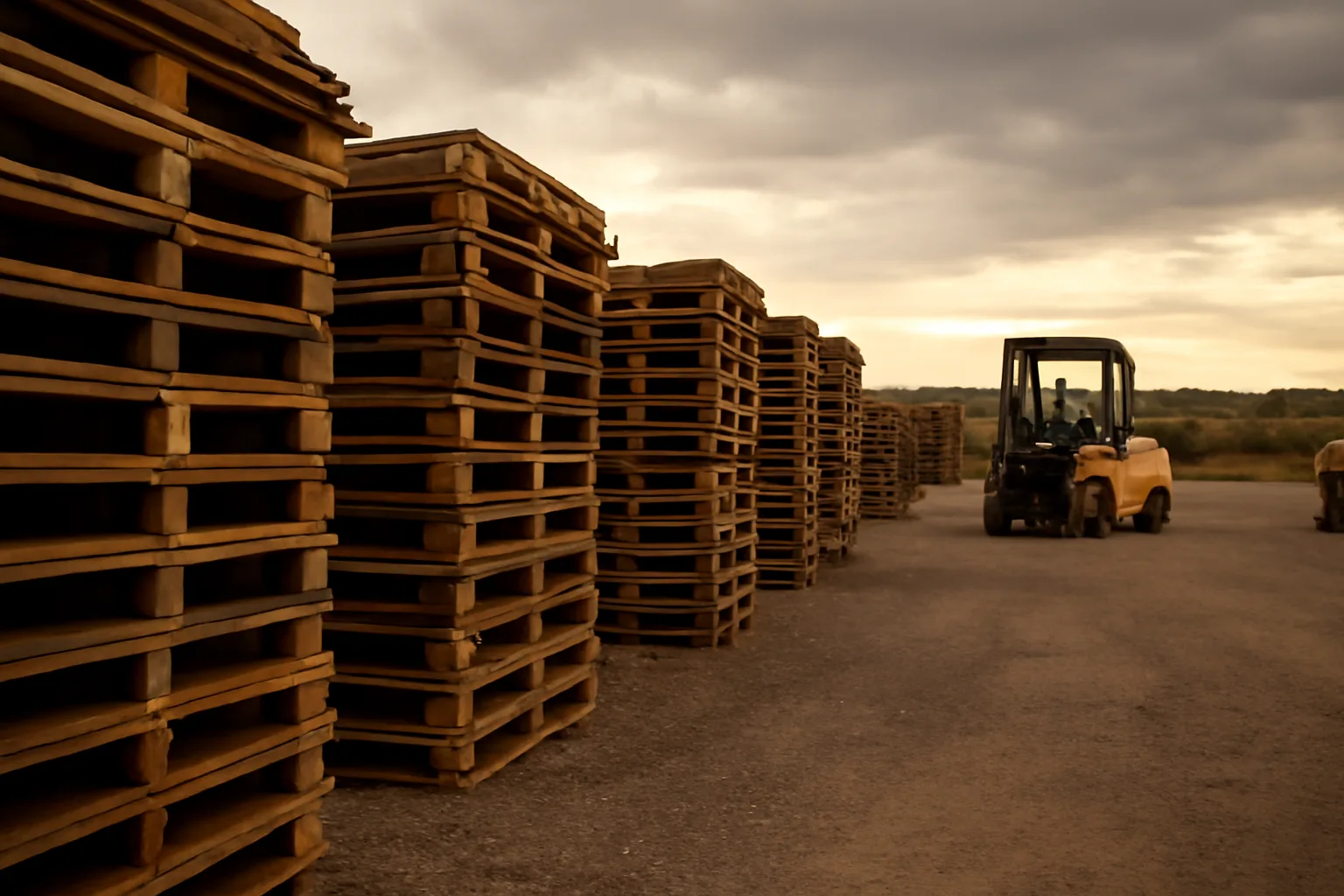 Rows of stacked wooden pallets in a rural Arkansas pallet yard at golden hour