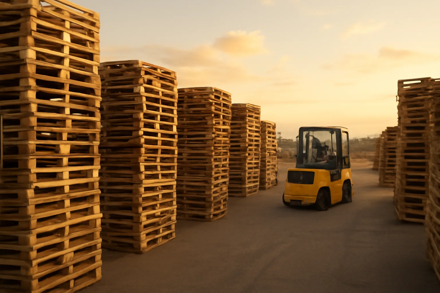 Rows of stacked wooden pallets in a California outdoor pallet yard at golden hour
