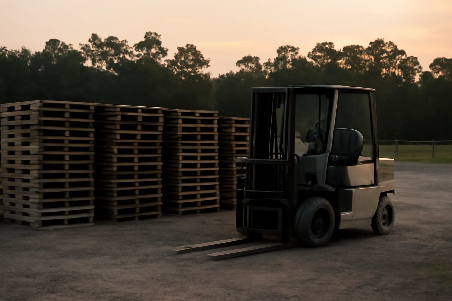 Wooden pallets stacked in a rural Georgia yard at dusk