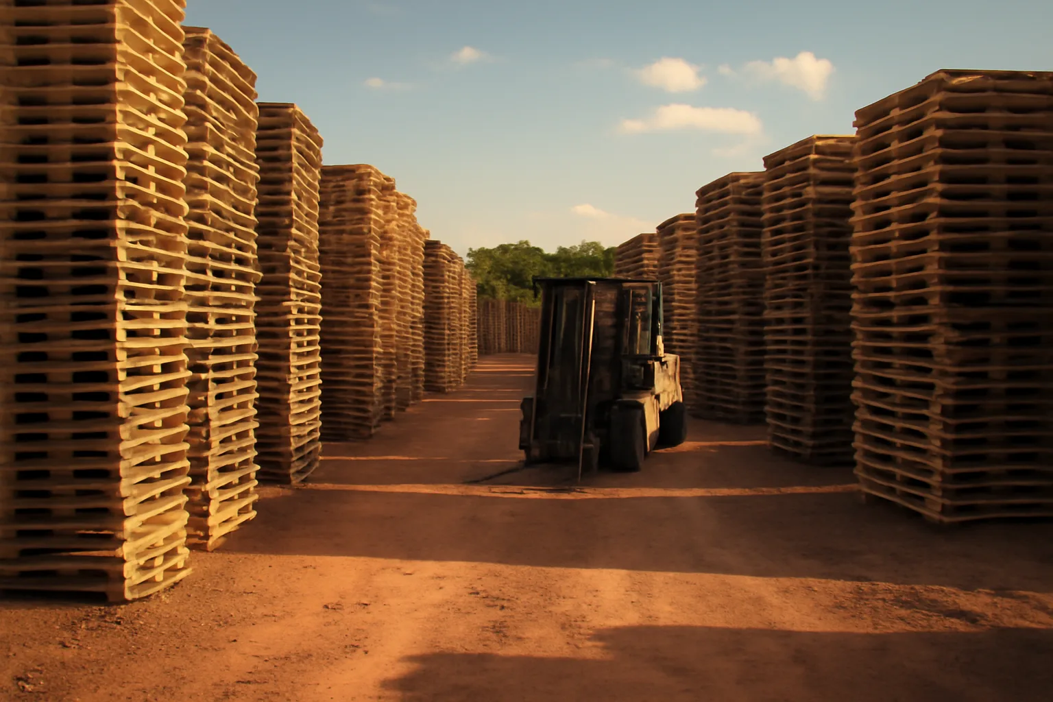 Rows of stacked wooden pallets in an outdoor Alabama pallet yard at dusk