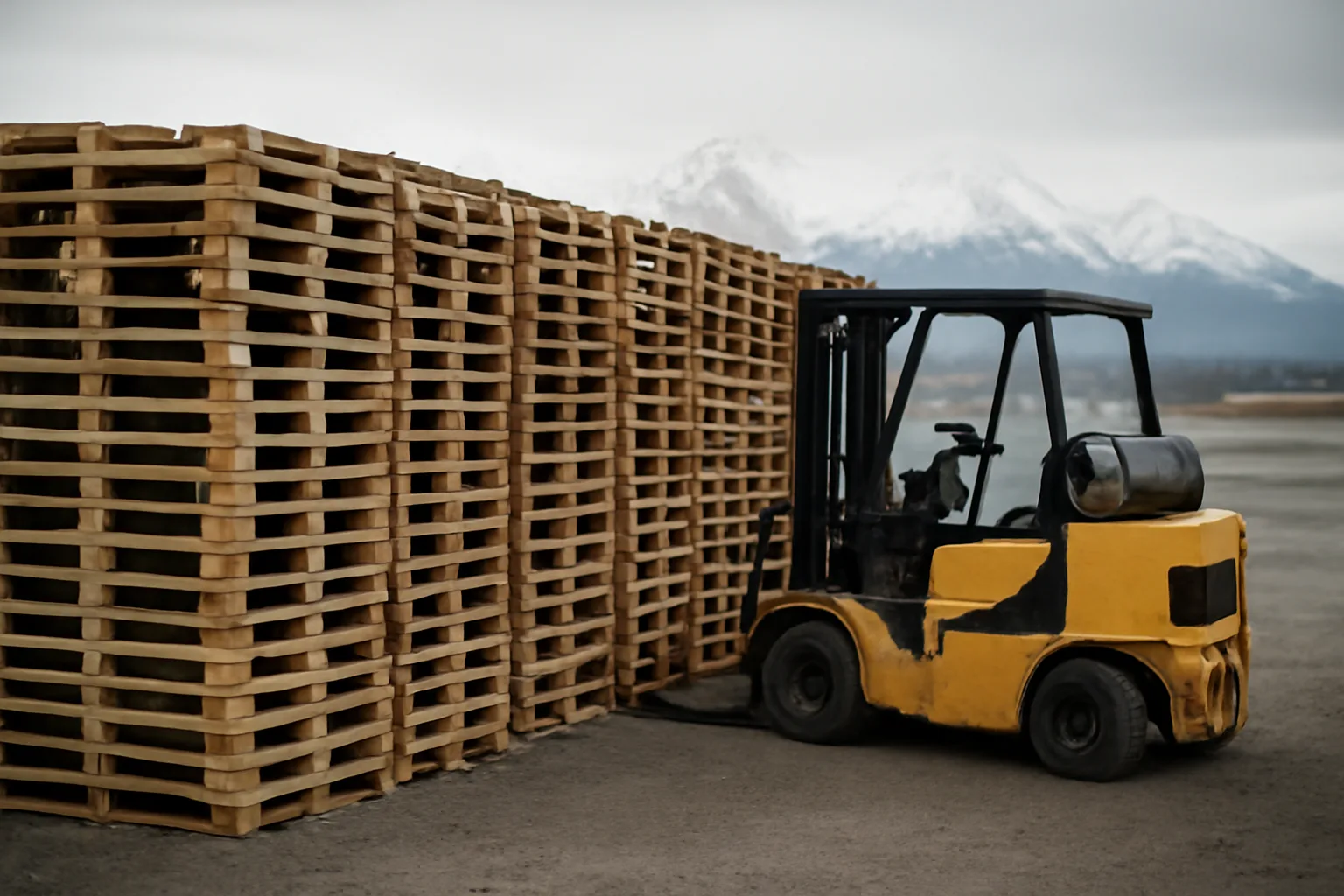 Wooden pallets stacked on gravel yard with Anchorage mountains and forklift in winter light