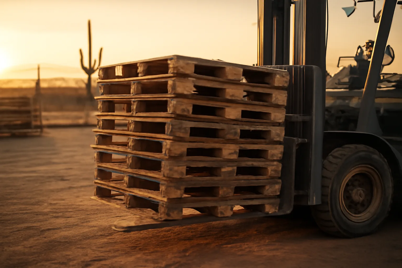 Weathered wood pallets in an Arizona yard with forklift and saguaro at sunset