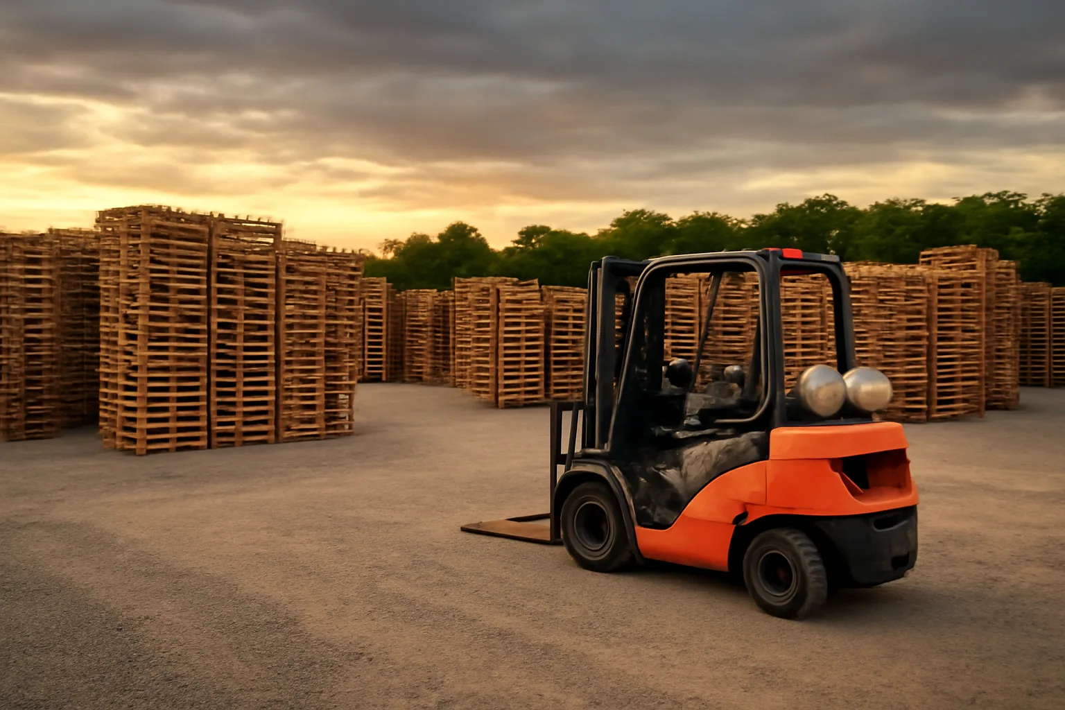 Outdoor pallet yard with stacked wooden pallets and a forklift at dusk