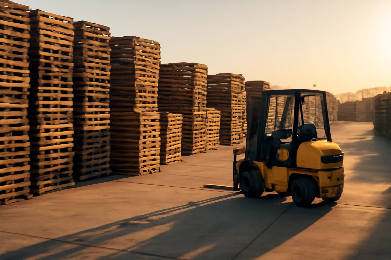 Rows of stacked wooden pallets in an industrial California pallet yard at golden hour