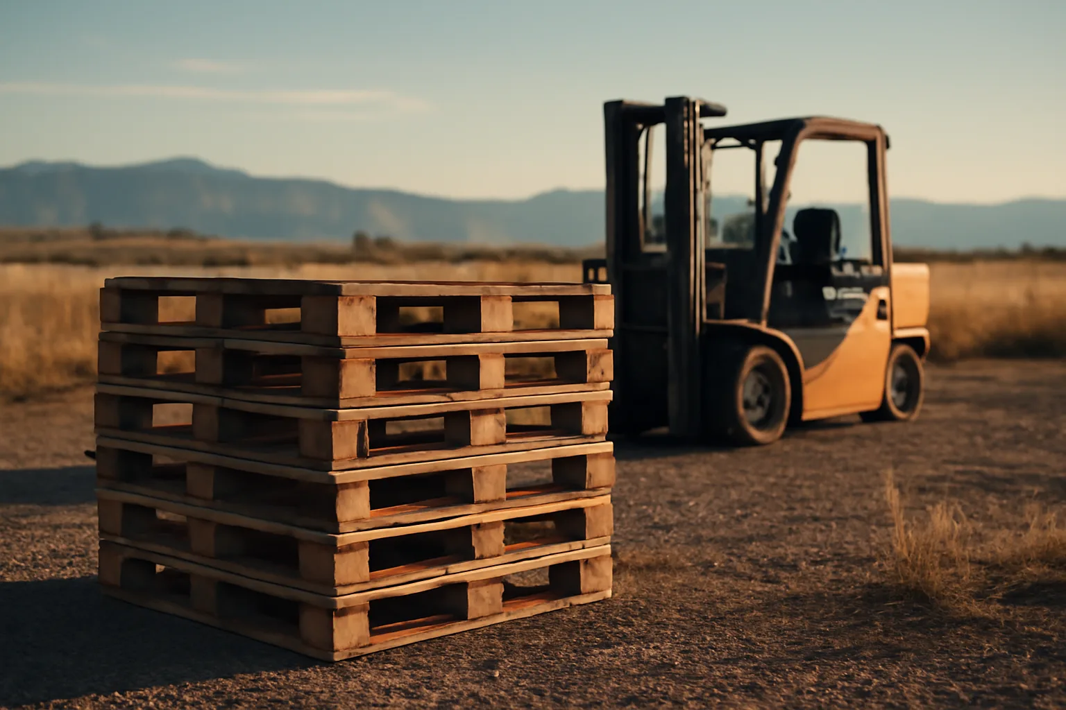 Weathered pallets stacked in a Colorado industrial yard at sunset