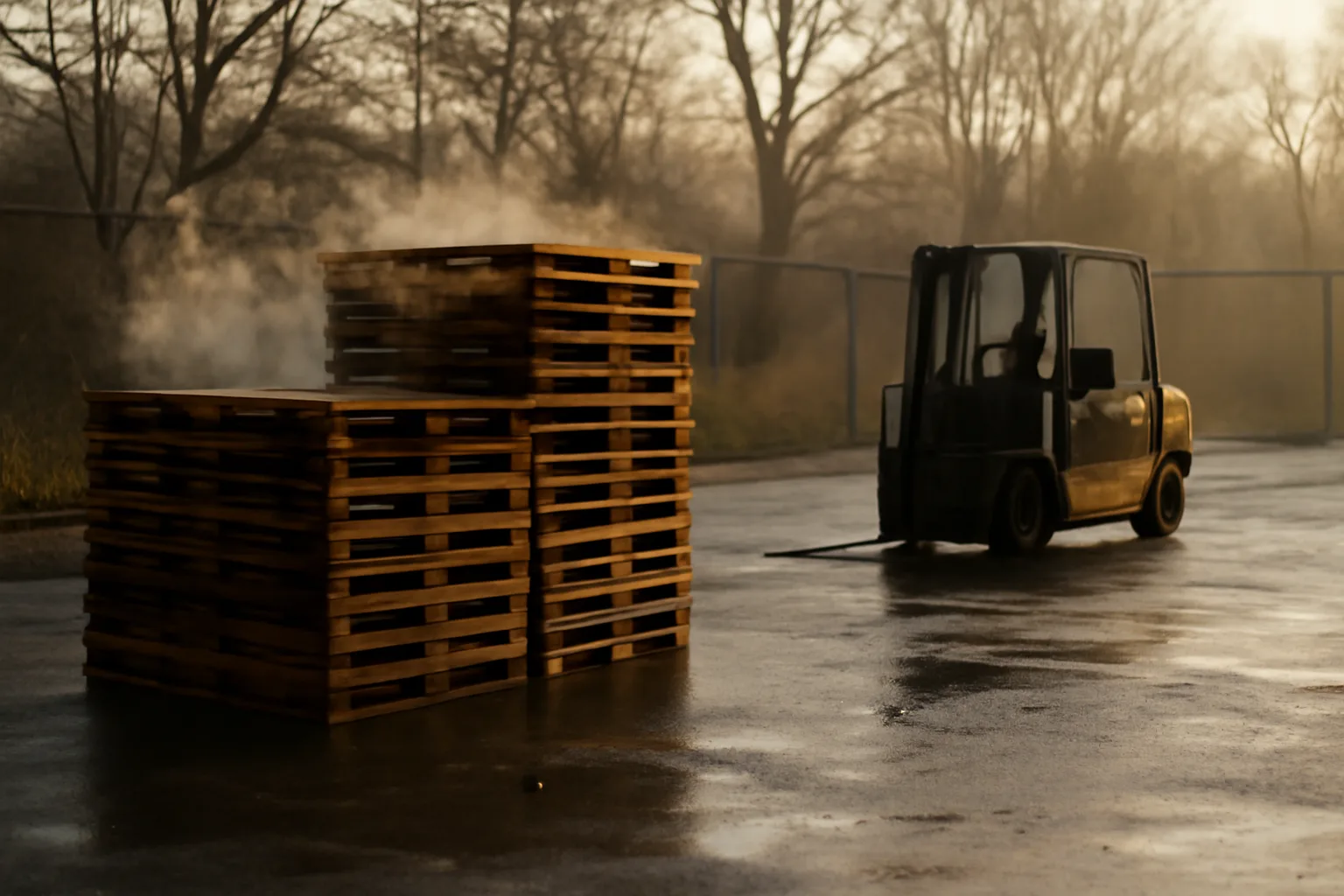 Stacked used pallets in a Connecticut industrial yard at dawn