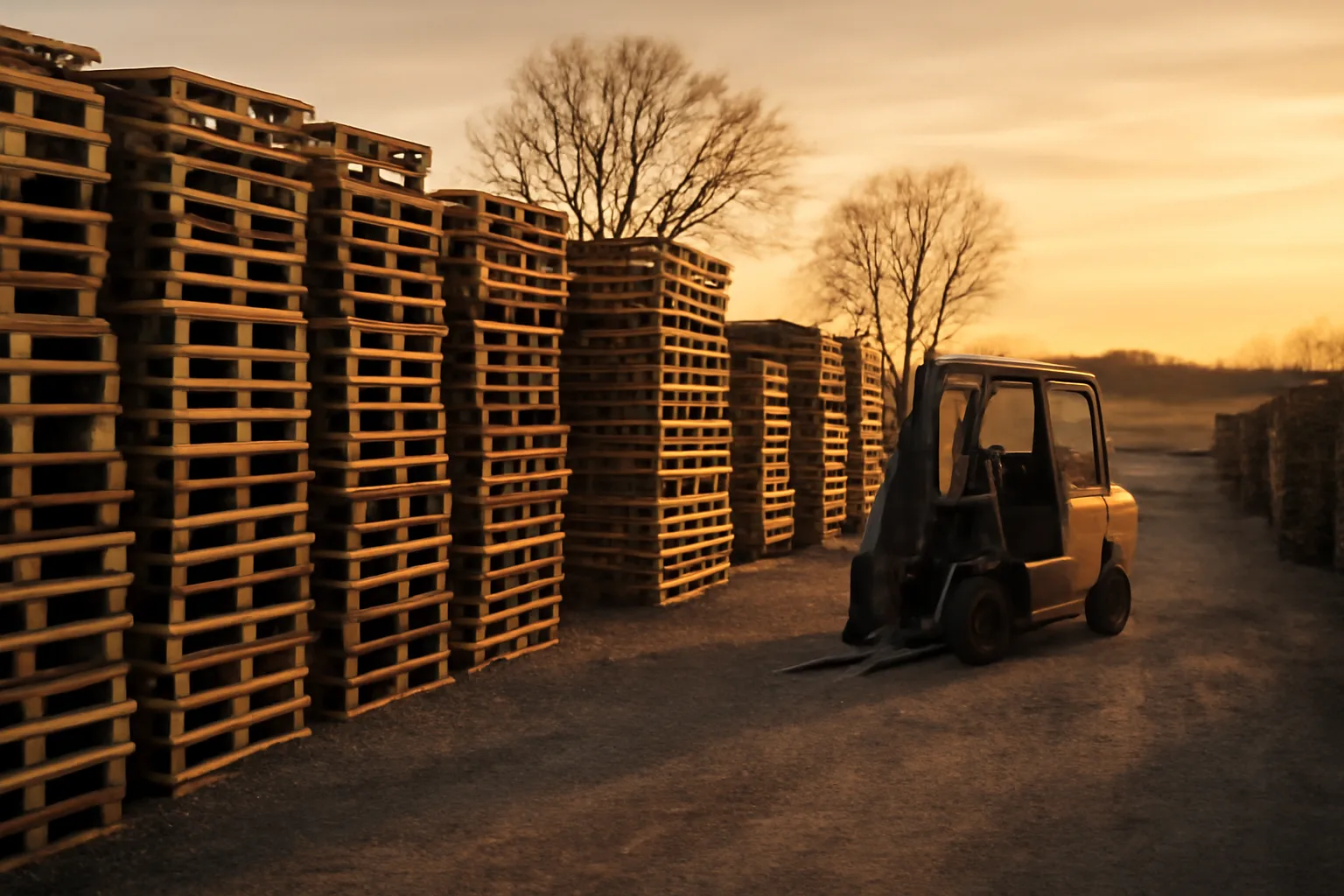 Wooden pallets stacked in an open Delaware pallet yard at sunset
