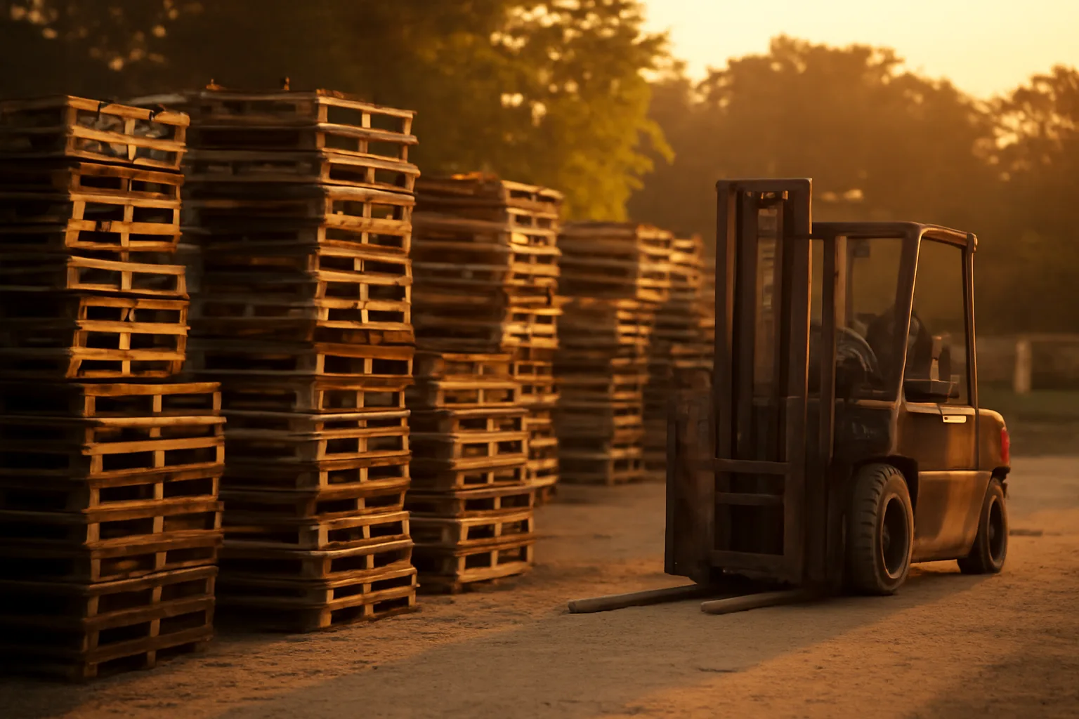 Wooden pallets stacked at a Florida pallet yard in late light