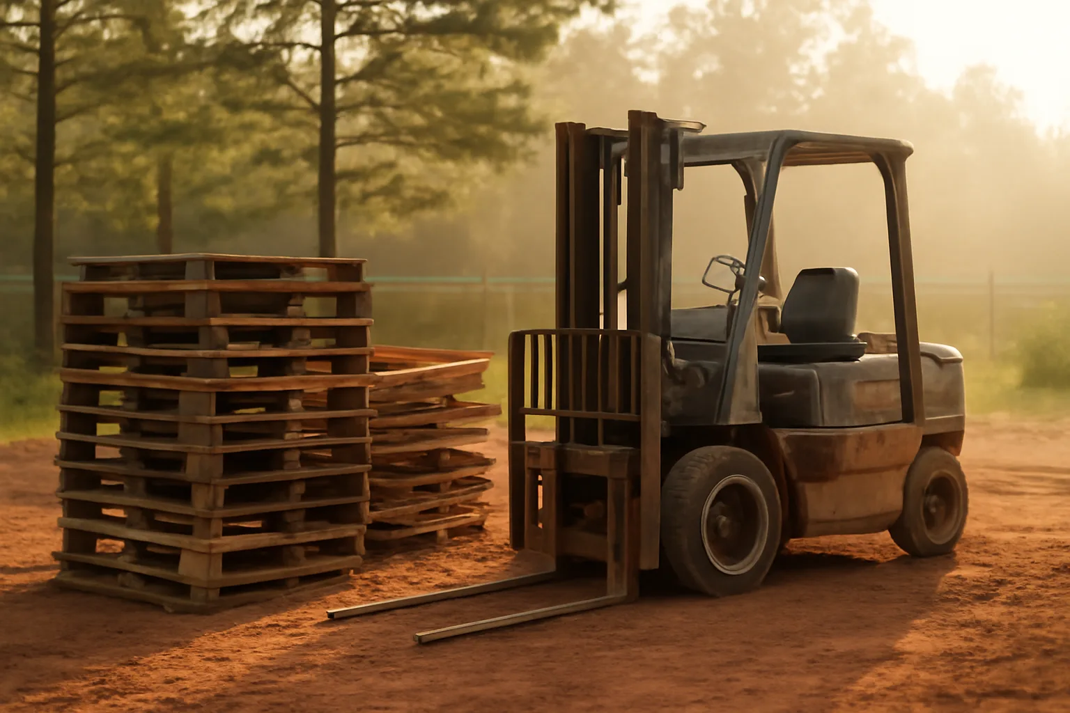 Stacked wooden pallets in a Georgia gravel yard at sunrise