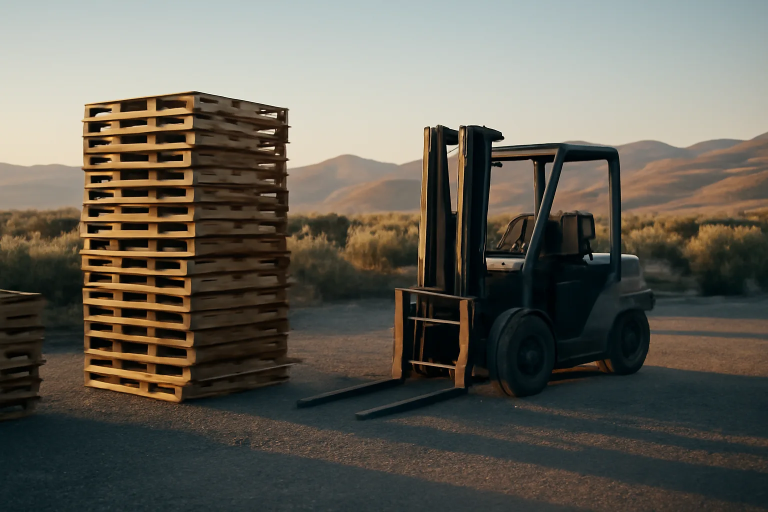 Stacked wooden pallets in an Idaho gravel yard at dawn