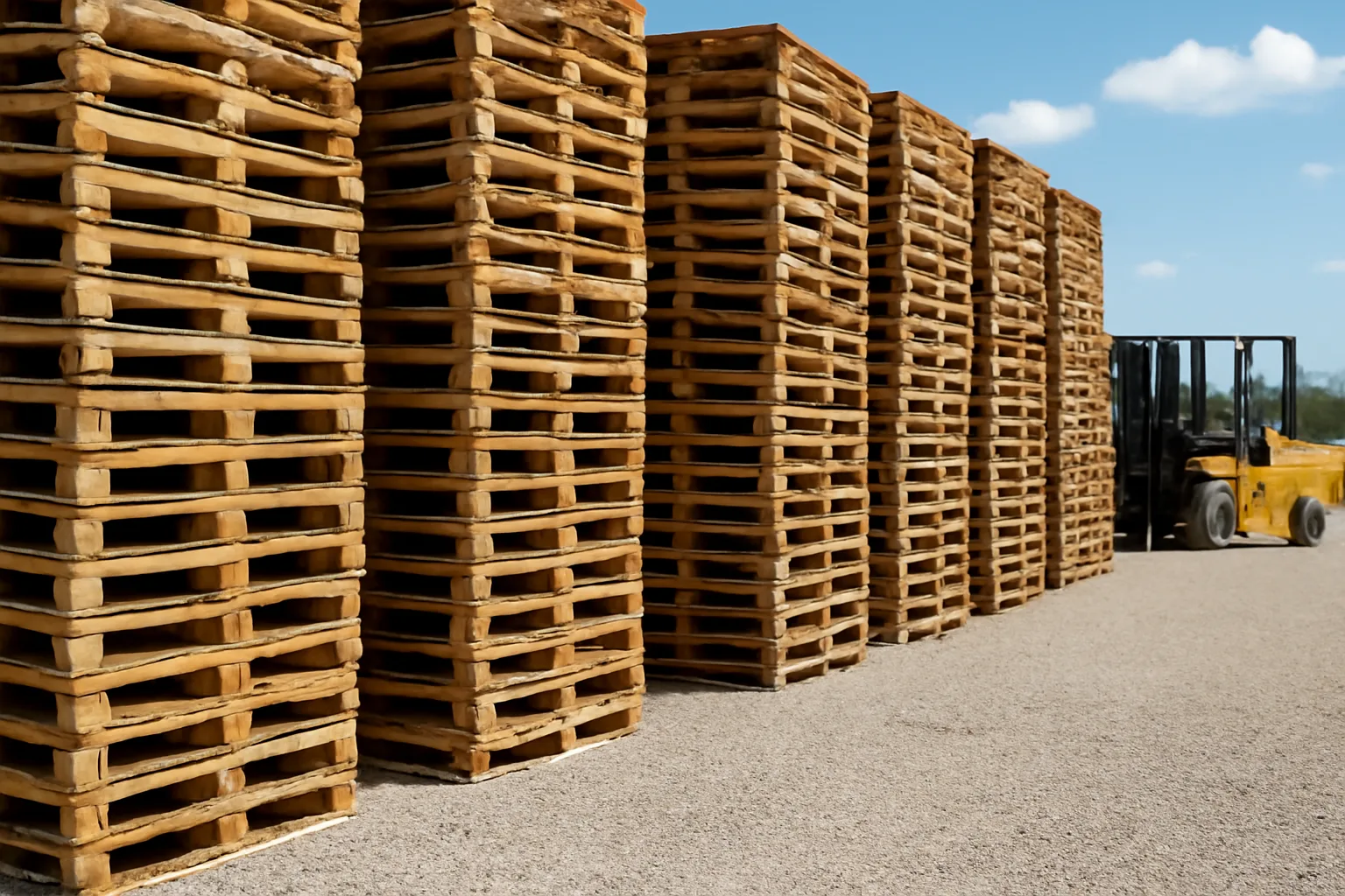 Tall stacks of wooden pallets in an Alabama pallet yard on a sunny day