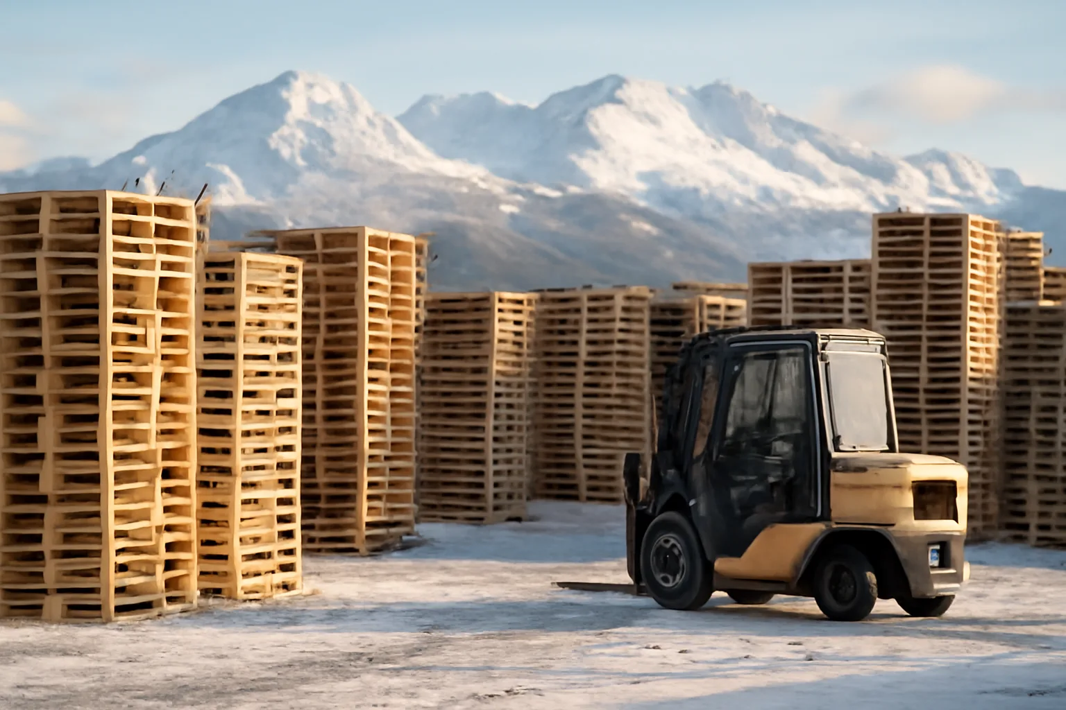 Snow-covered pallet yard in Alaska with mountain backdrop and forklift