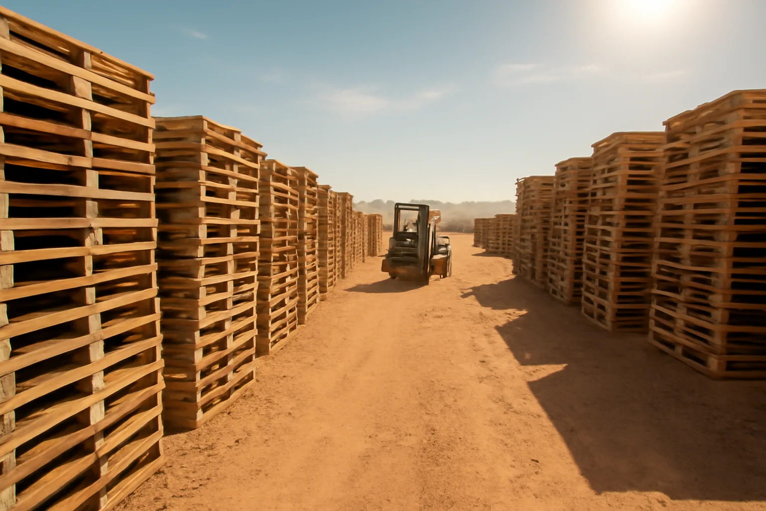 Rows of stacked wooden pallets in an Arizona industrial pallet yard