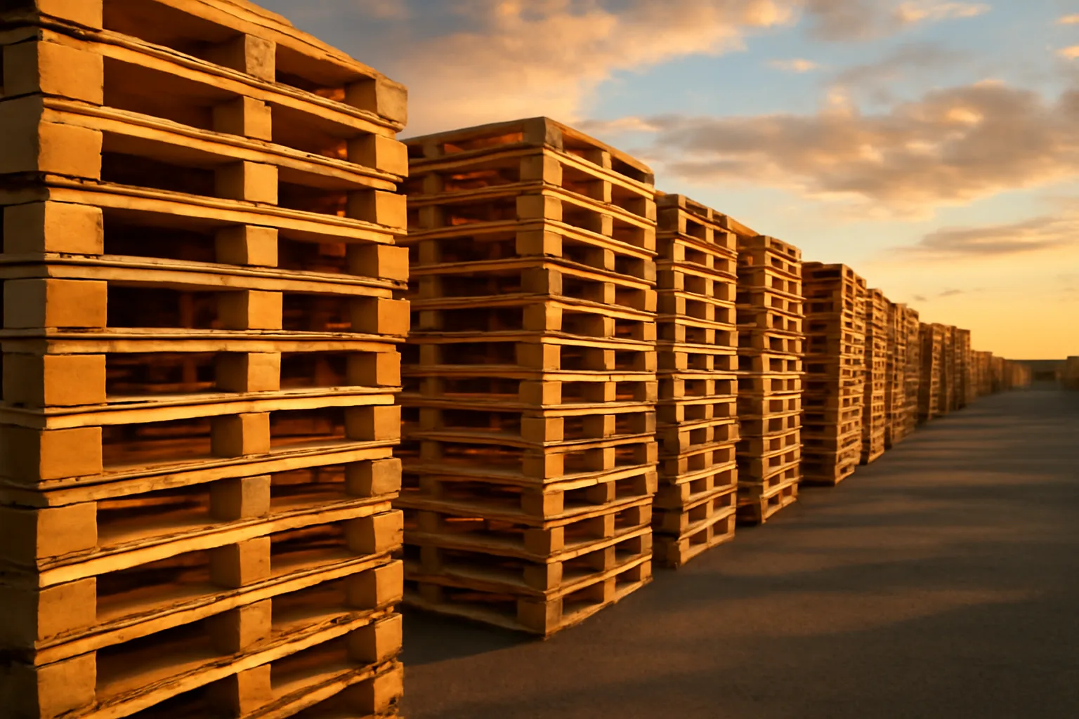 Rows of stacked wooden pallets in an outdoor pallet yard at golden hour