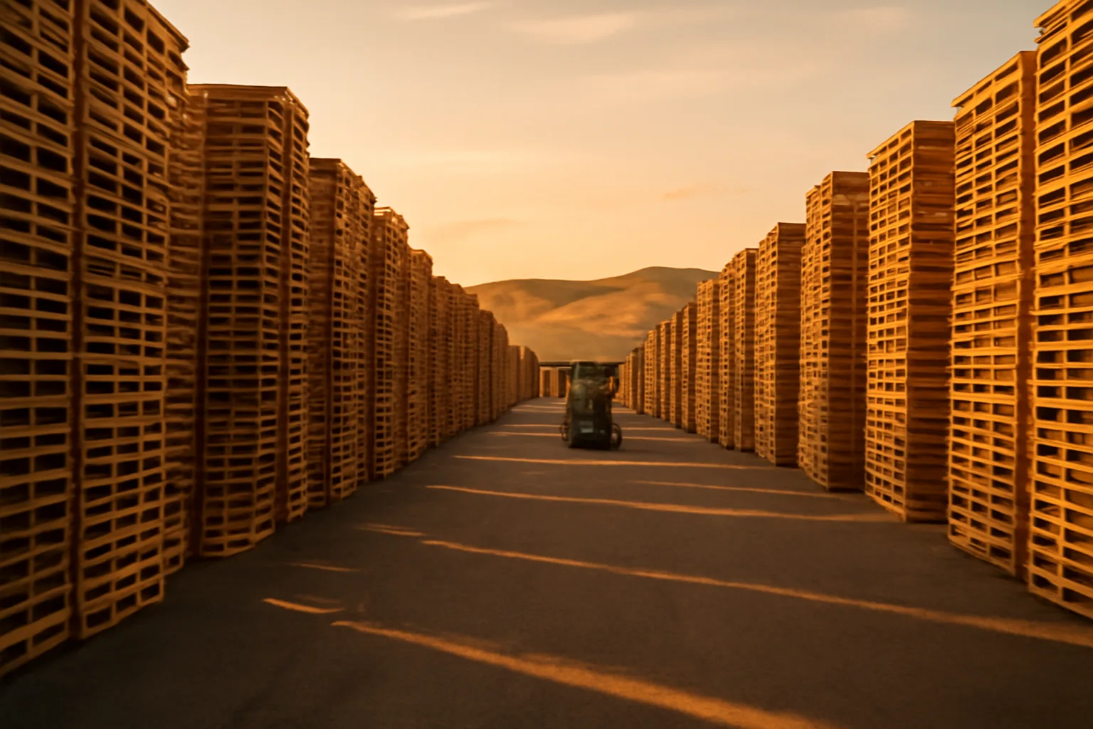 Rows of stacked wooden pallets in an outdoor California pallet yard at golden hour