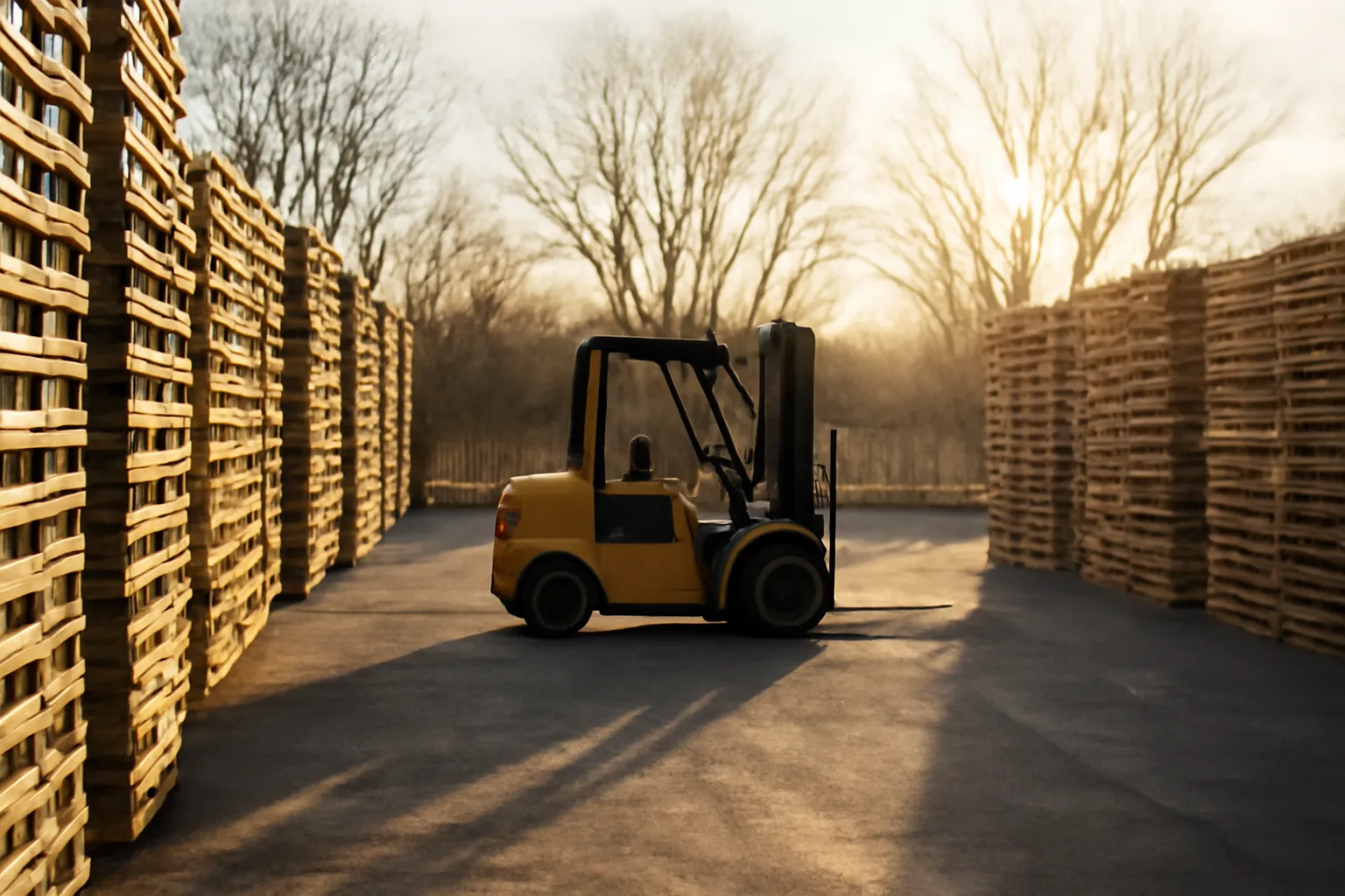 Stacked hardwood pallets in a Connecticut yard in winter light