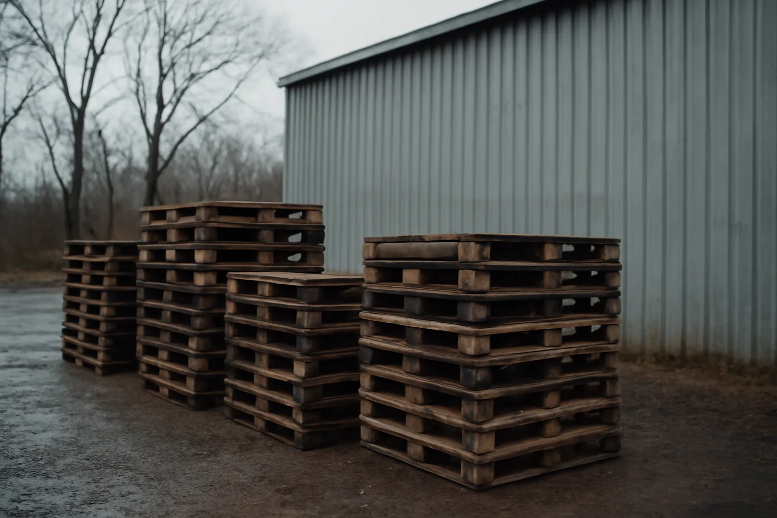 Weathered pallet stacks in a quiet Delaware industrial yard