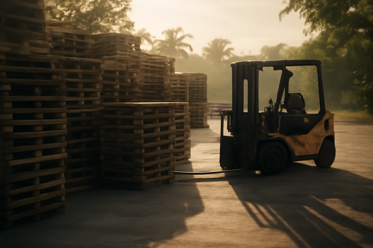 Weathered pallet stacks in a sunny Florida industrial yard