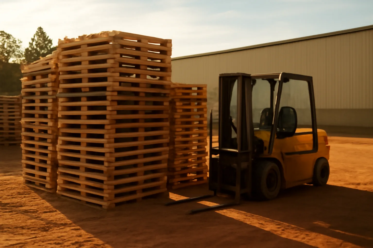 Wooden pallets stacked in a sunlit Georgia industrial yard