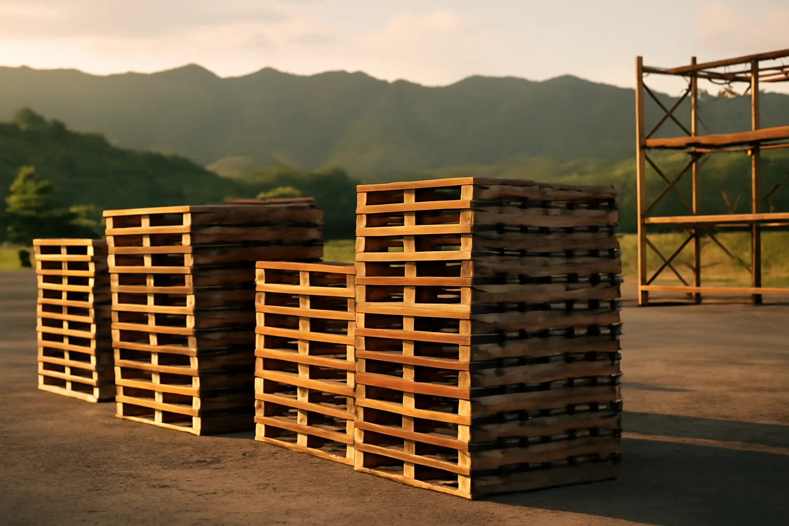 Weathered wood pallet stacks in an open Hawaii industrial yard at dusk
