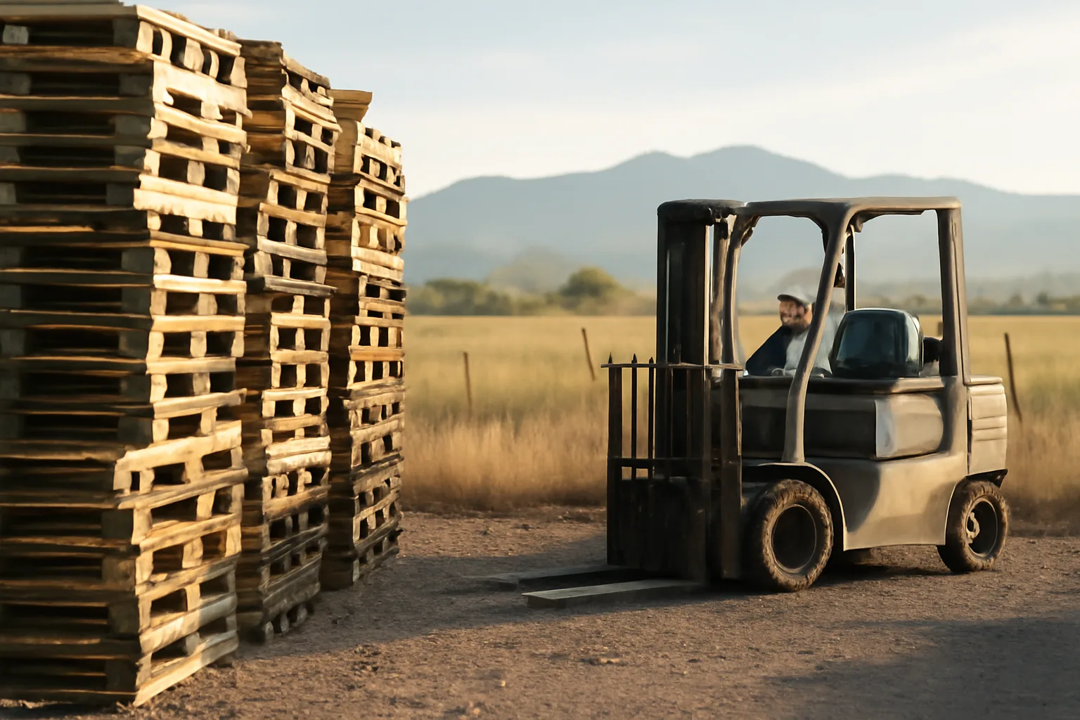 Used pallets stacked on a gravel Colorado yard at sunrise