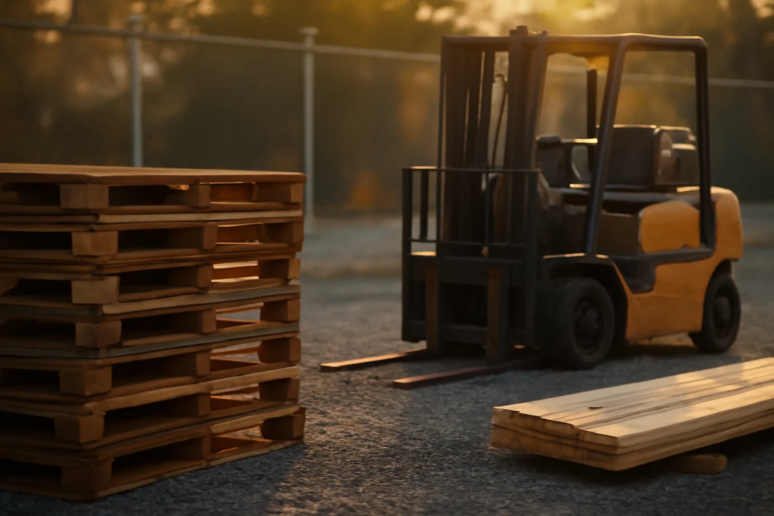 Stacked wooden pallets in a Connecticut industrial yard at dusk