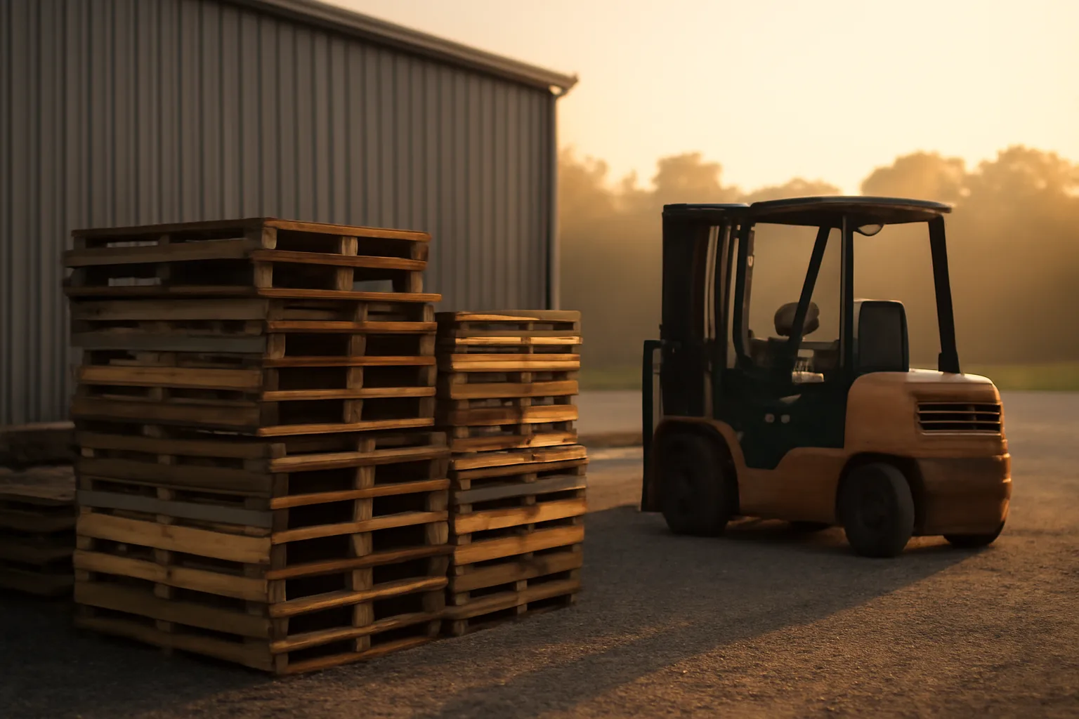 Weathered wooden pallets stacked in a Delaware industrial yard at sunset
