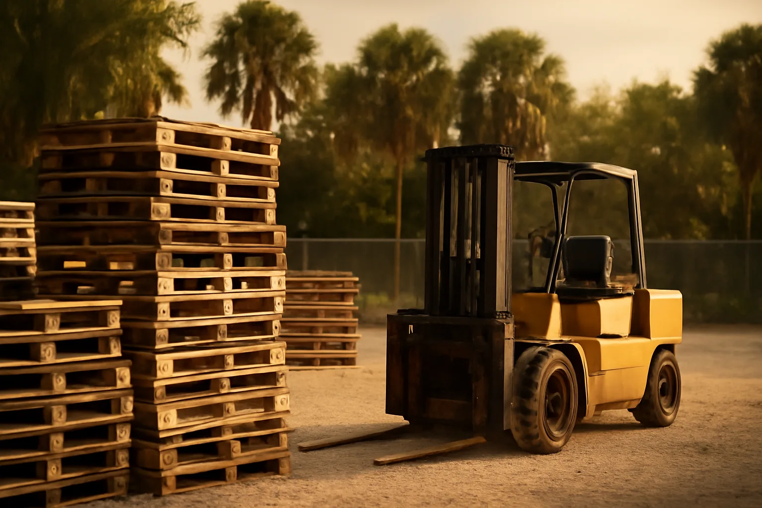 Wooden pallets stacked at a Florida pallet yard in afternoon light
