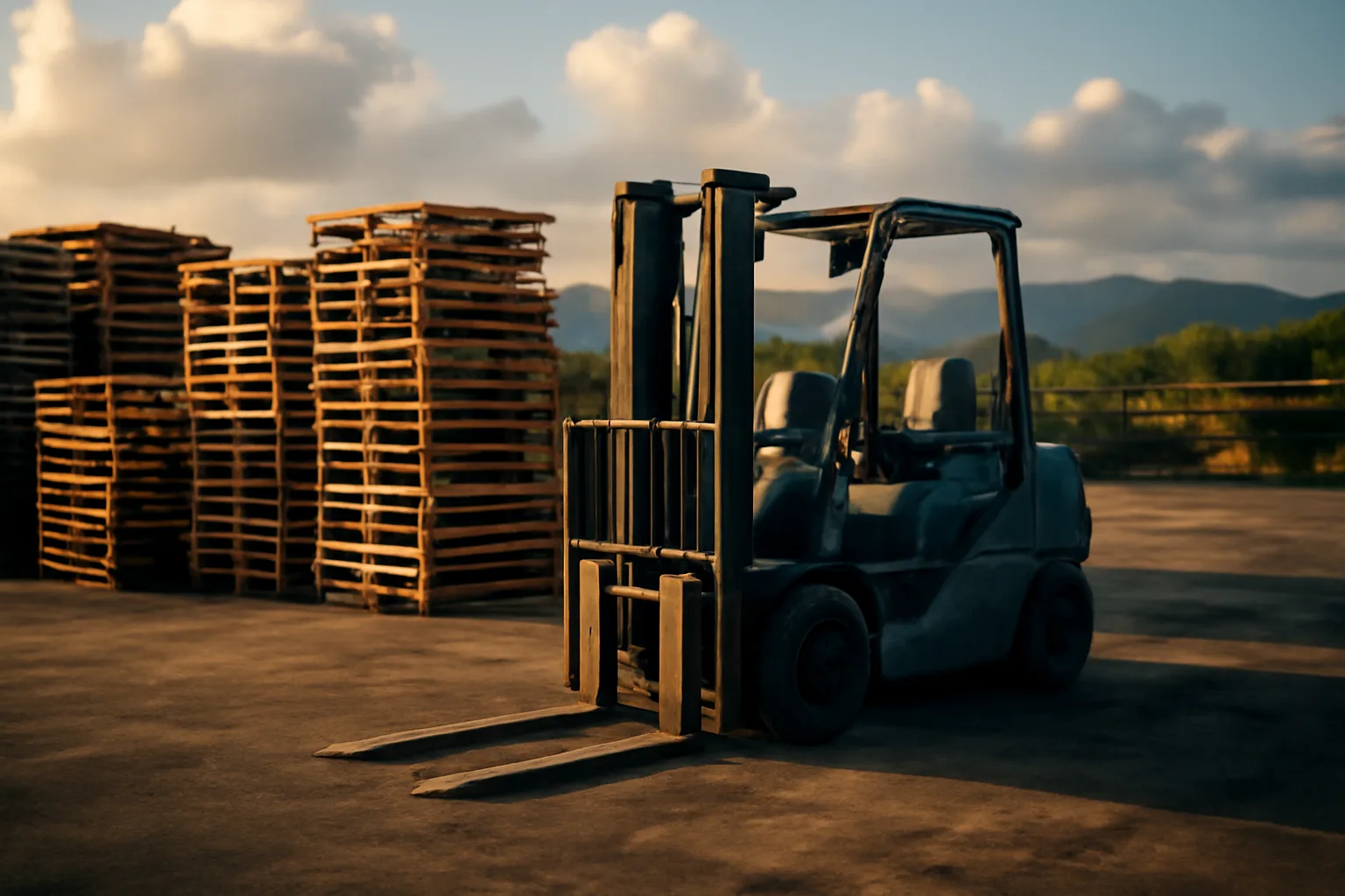 Pallet yard stacks on an Oahu industrial lot at afternoon