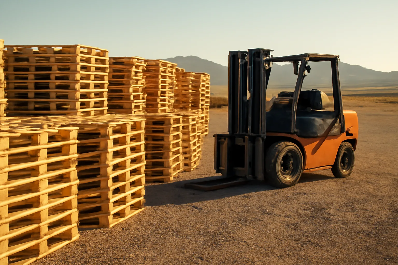Wood pallets stacked on a gravel Idaho yard beside a forklift