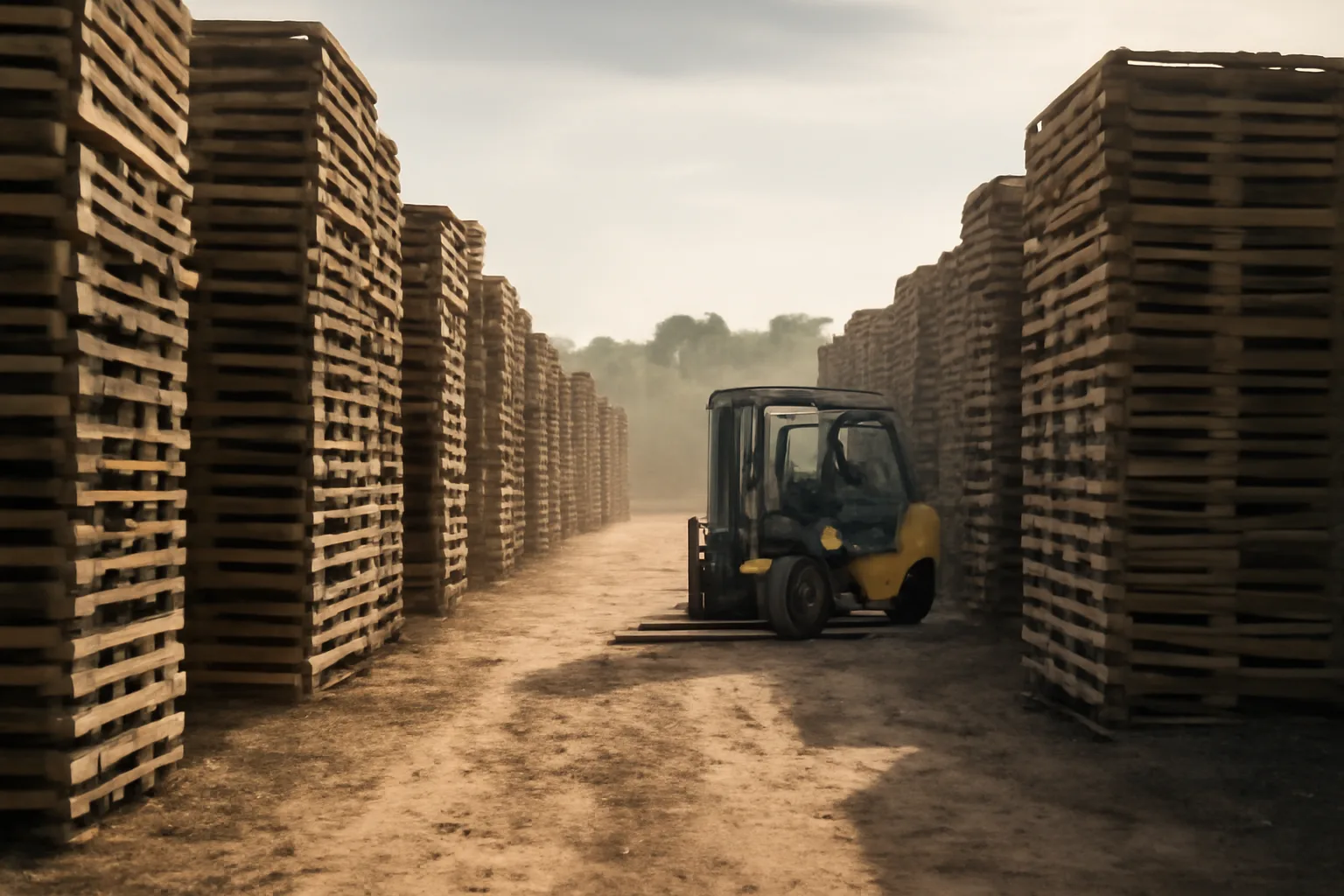 Rows of stacked wooden pallets in an Alabama pallet yard with a forklift in the aisle