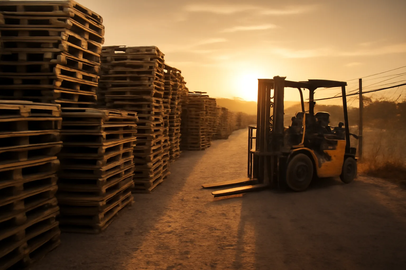 Pallet yard in Arizona with pallet stacks and forklift