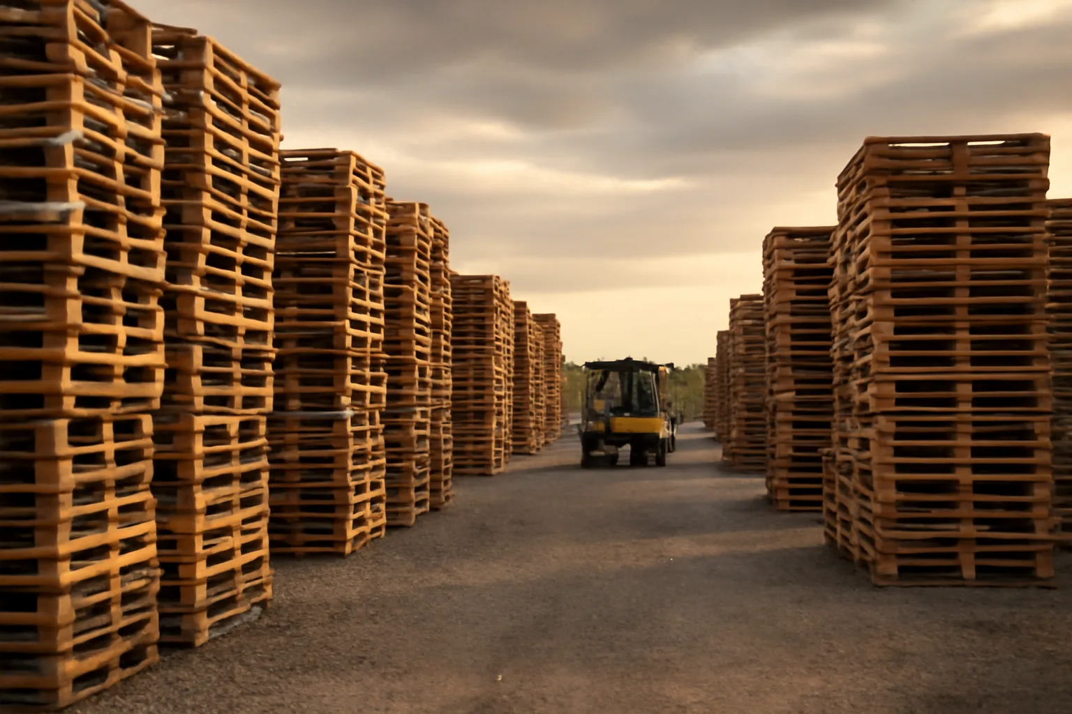 Rows of stacked wooden pallets in an Arkansas pallet yard at golden hour
