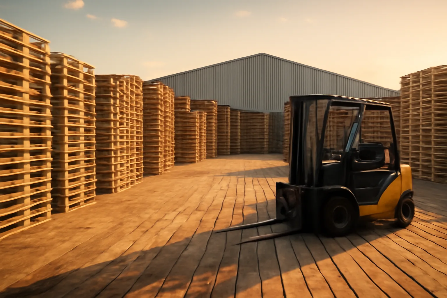 Stacked wooden pallets in a California pallet yard at golden hour