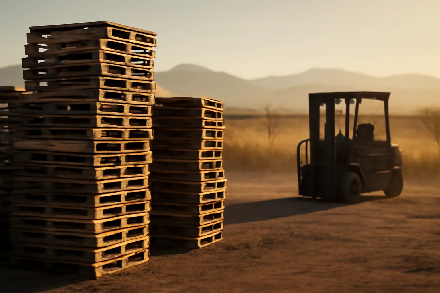 Used pallets stacked in a Colorado pallet yard at dusk