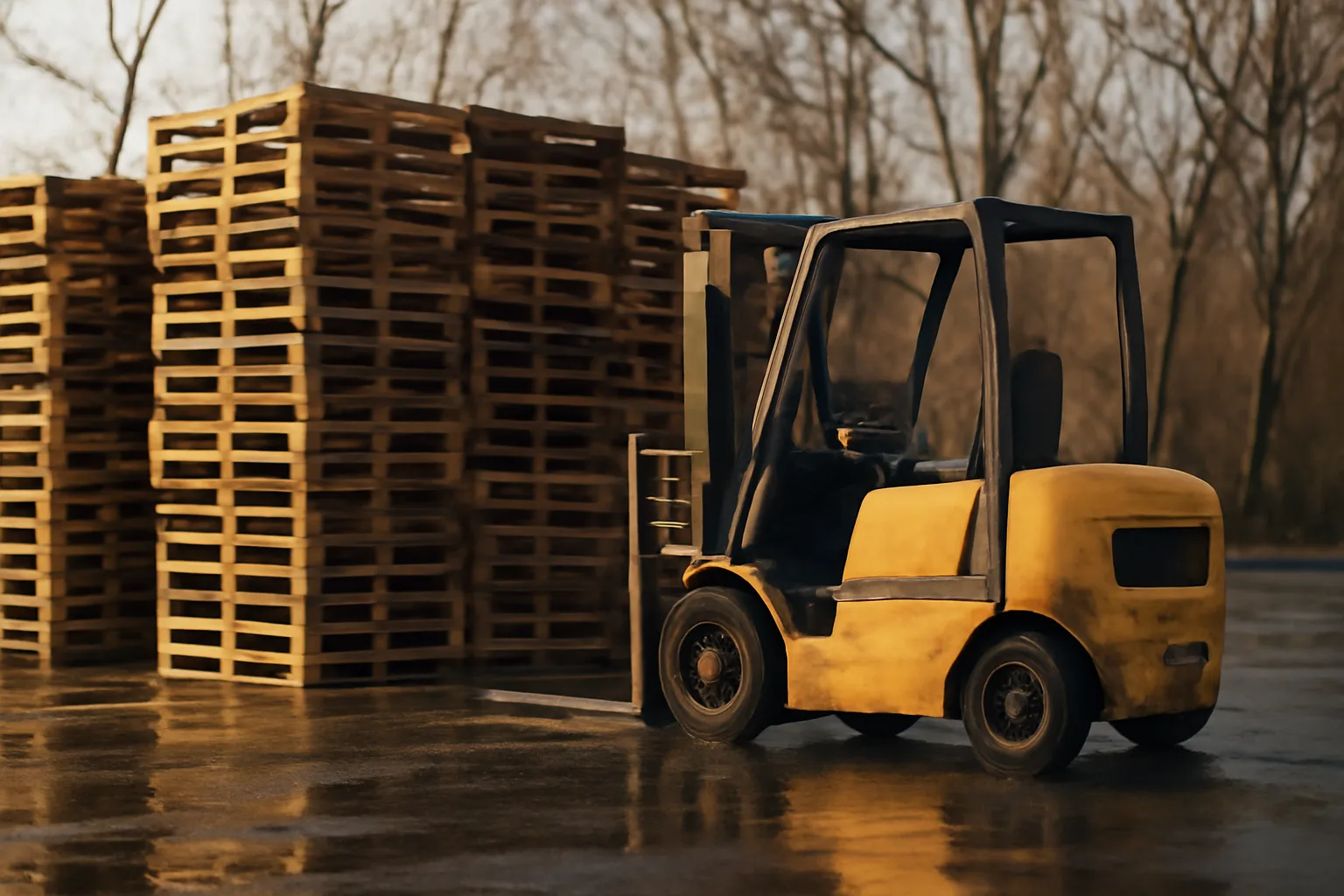 Stacked wooden pallets in a Connecticut industrial yard after rain
