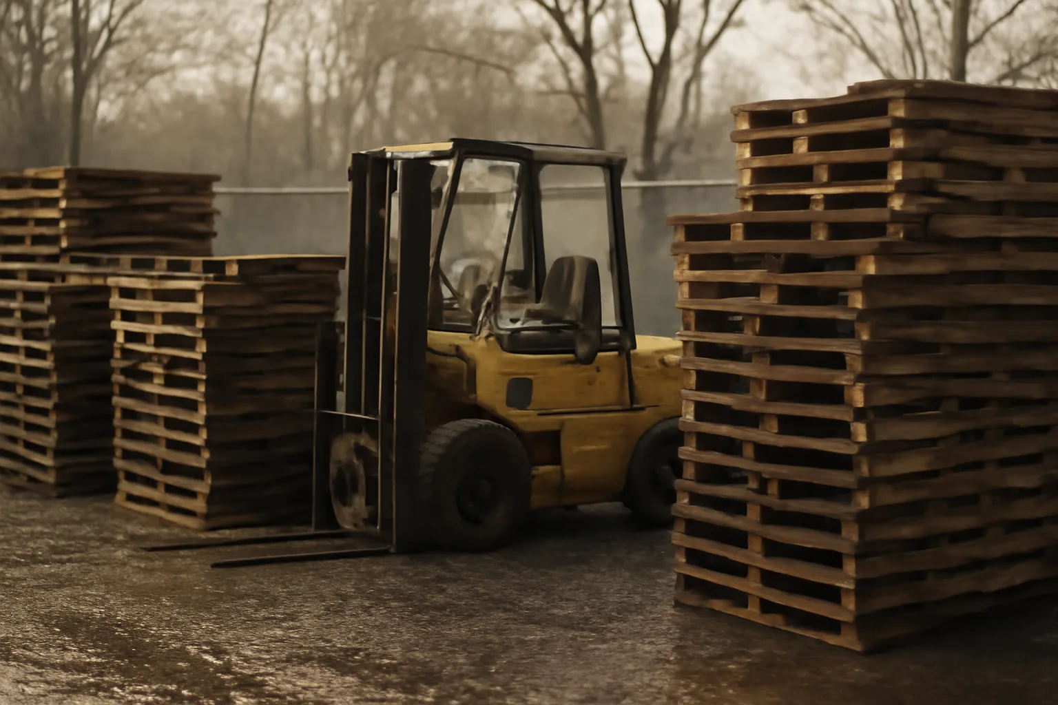 Weathered pallets stacked in a gravel Delaware pallet yard