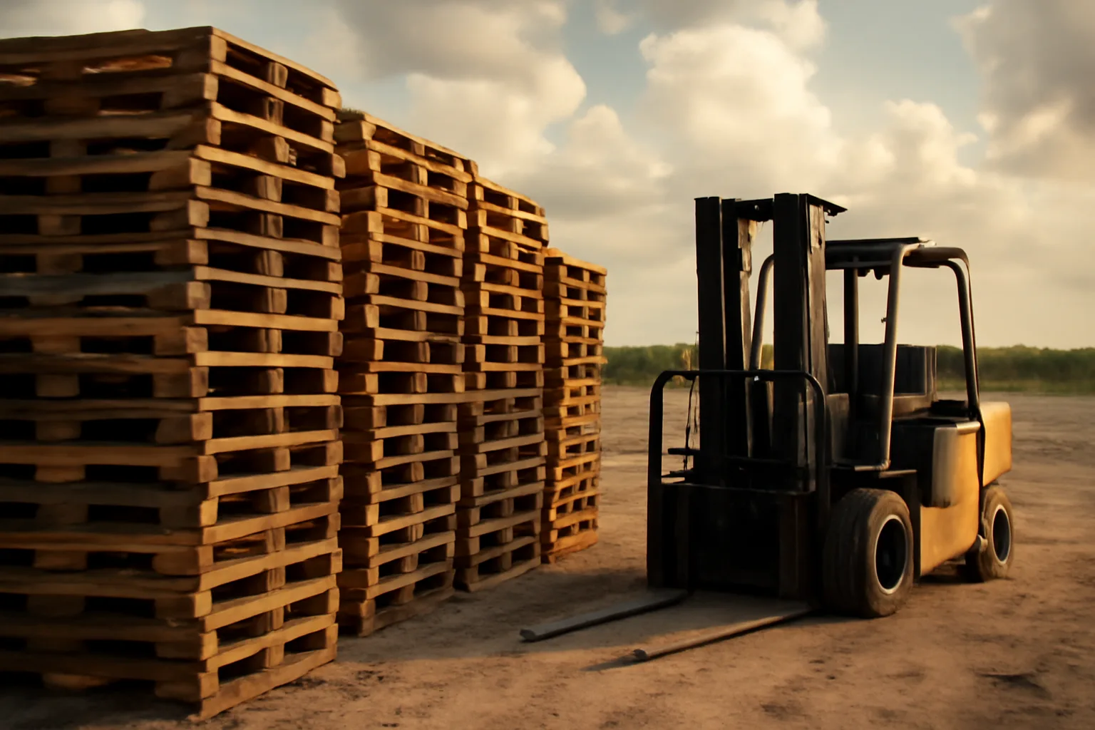 Stacked wood pallets in a Florida yard beside a parked forklift