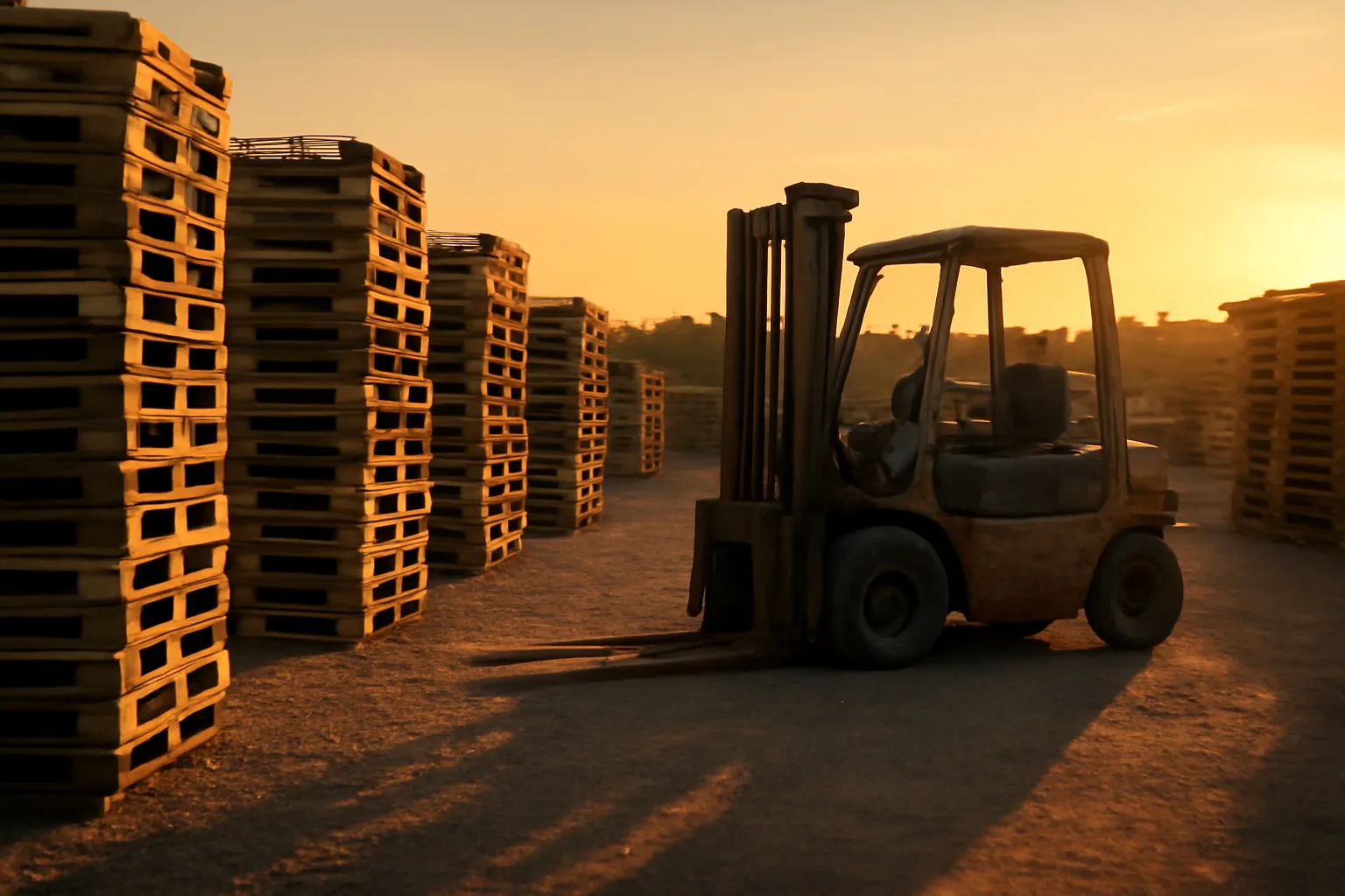 Stacked wooden pallets in a Georgia yard at late afternoon
