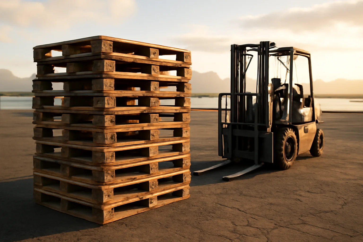 Stacked pallets at a Hawaii pallet yard in late afternoon light