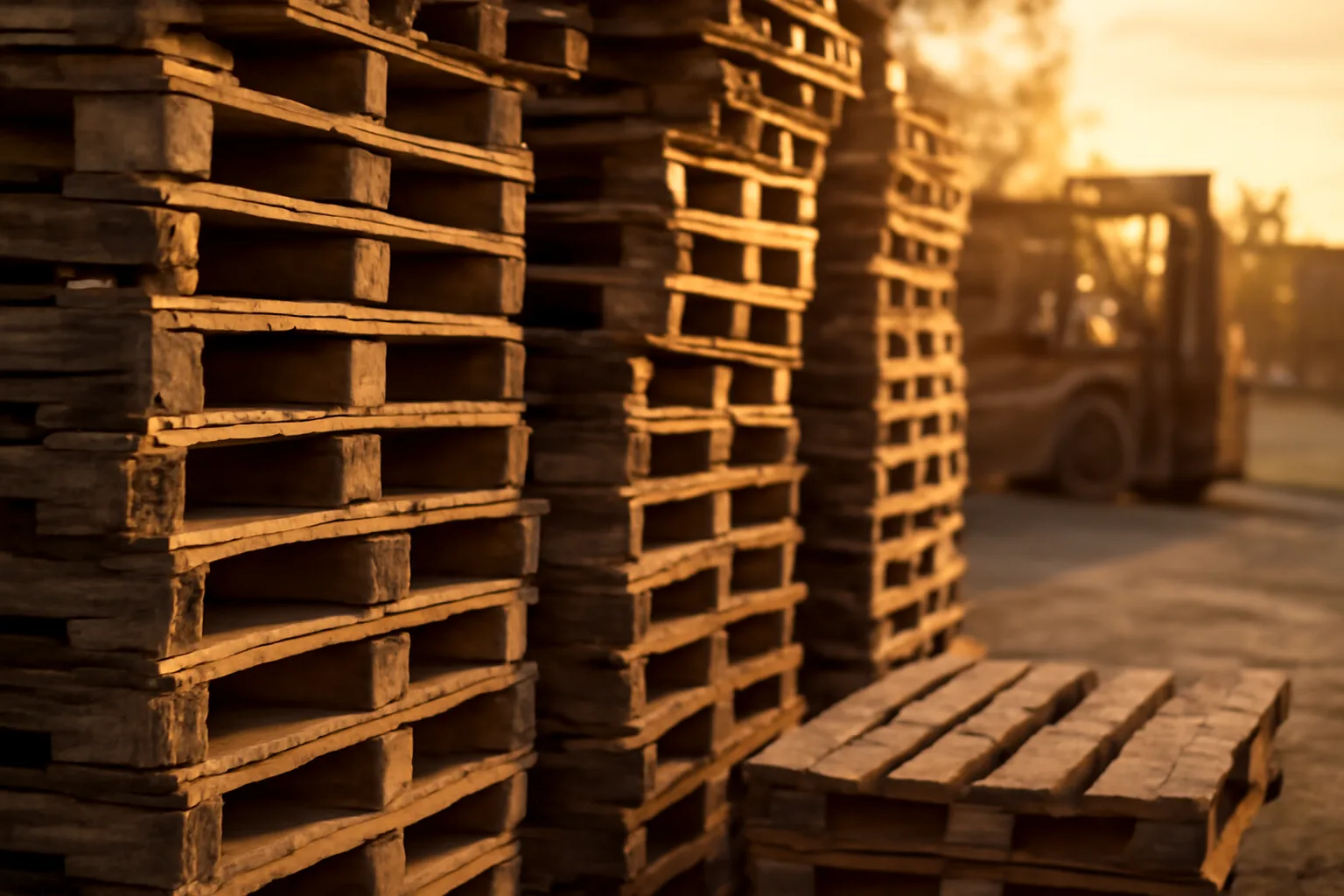 Stacked wooden pallets in an outdoor Alabama pallet yard at sunset