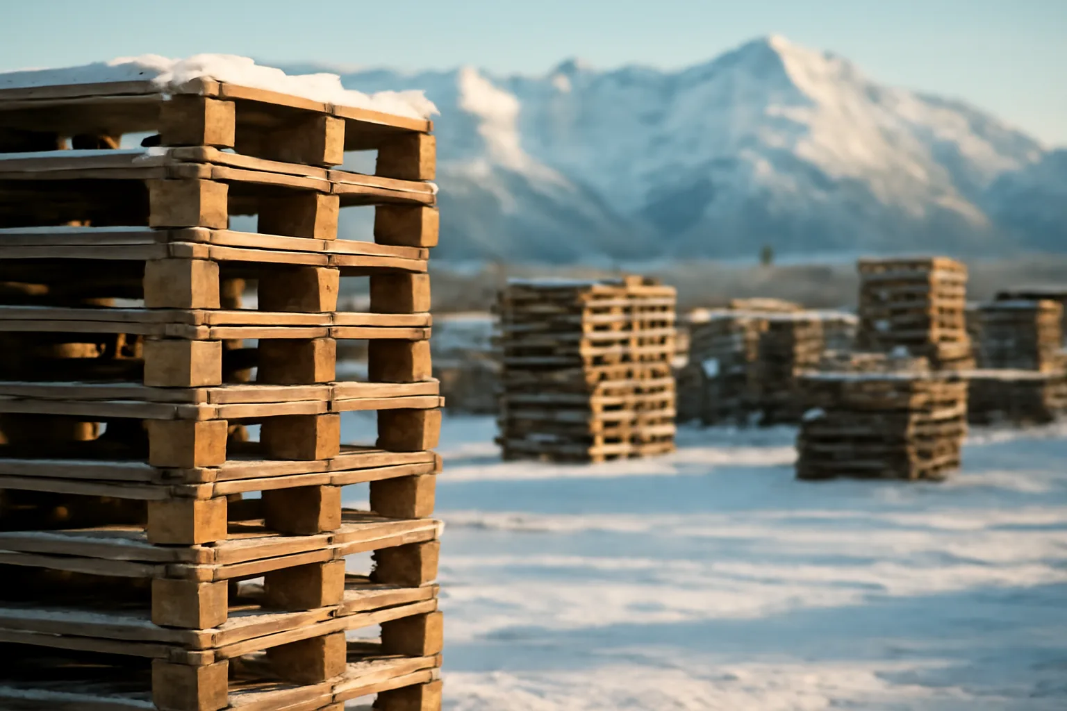 Wooden pallets stacked in a snow-covered Alaska pallet yard under low winter sun
