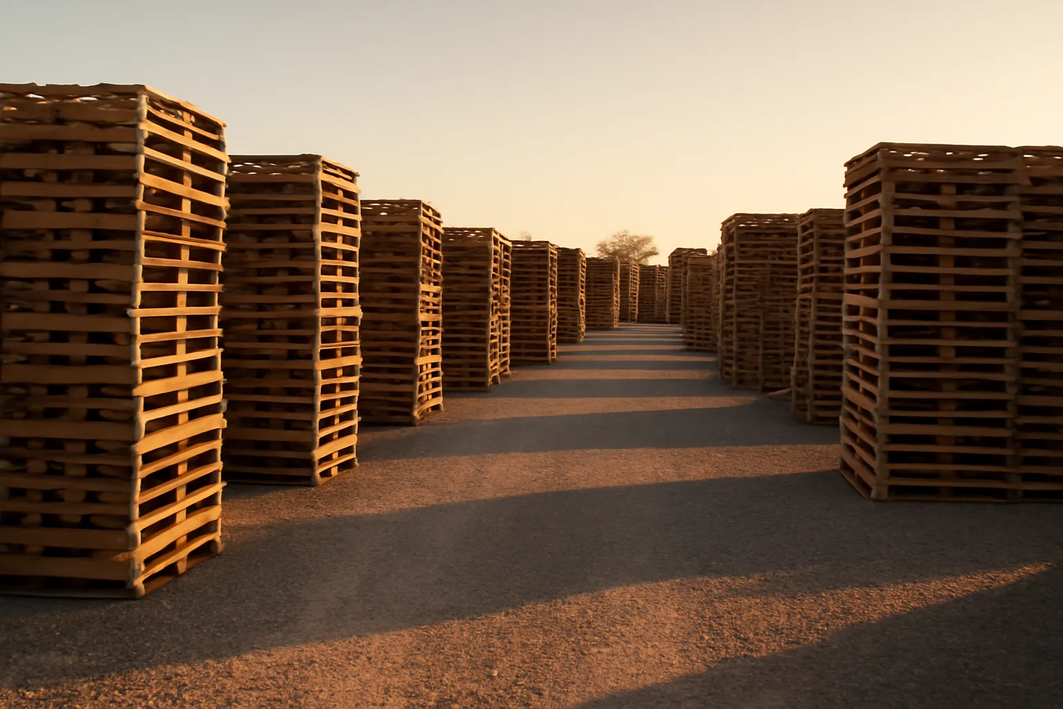 Rows of stacked wood pallets at an Arkansas pallet yard at golden hour