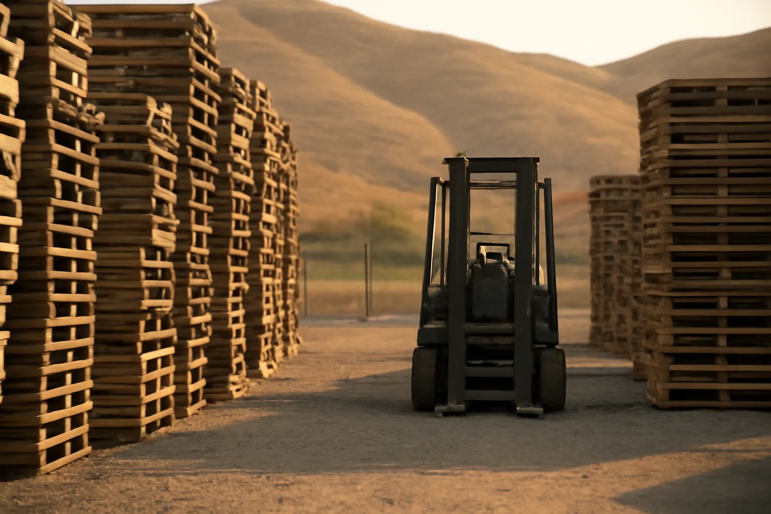 Weathered pallet stacks at a California pallet yard in afternoon light