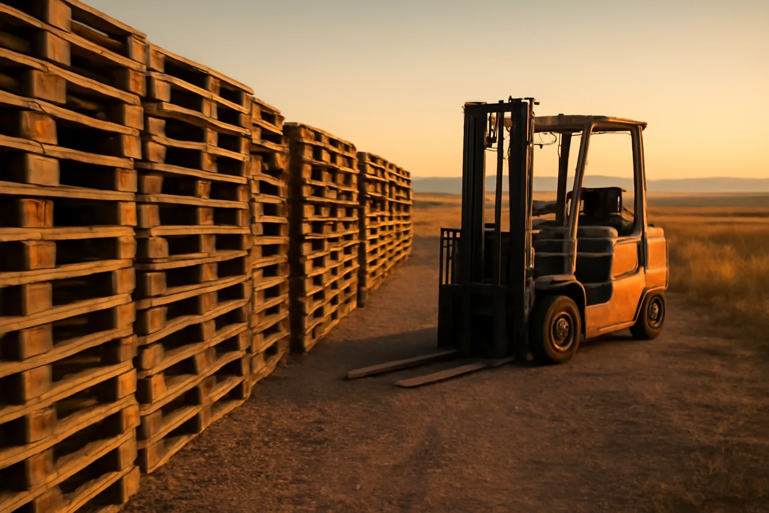 Wooden pallets stacked in a Colorado pallet yard at golden hour