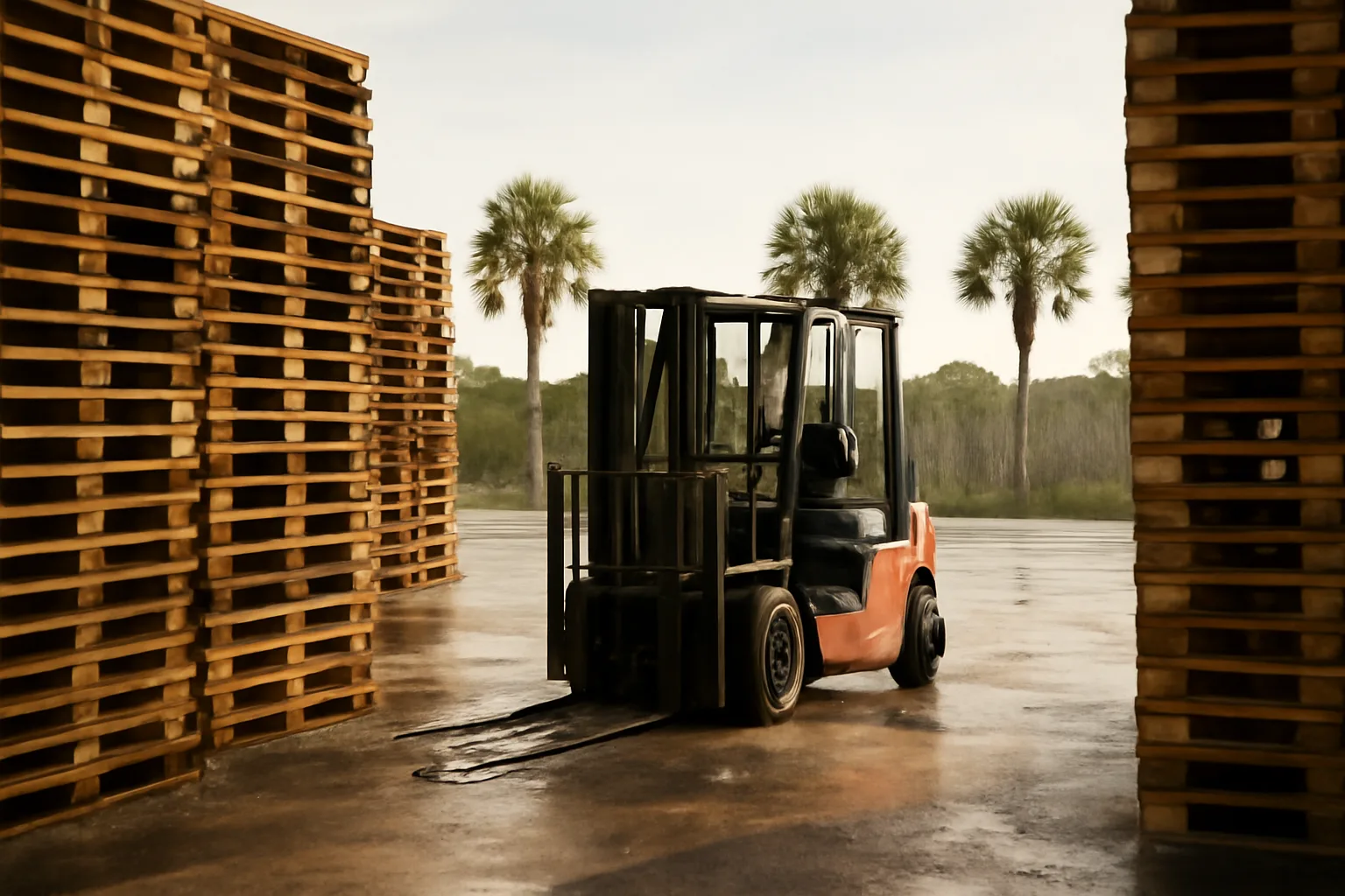 Stacked wood pallets and a forklift in a Florida yard
