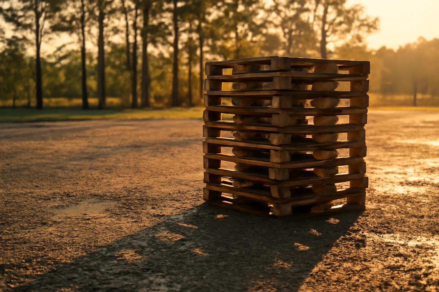 Stacked wooden pallets in a Georgia gravel yard at sunrise